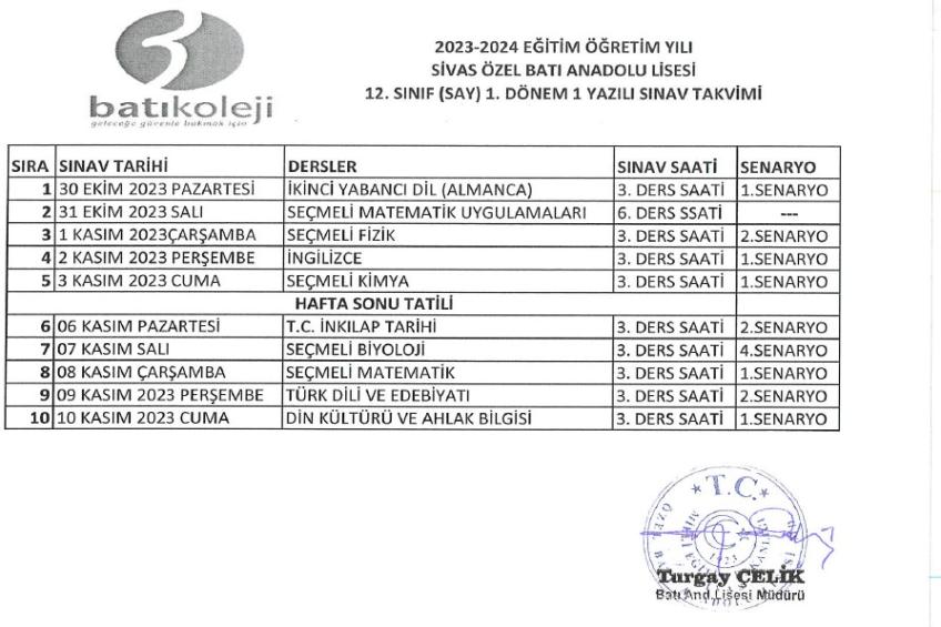 2023-2024 1. DÖNEM 1. YAZILI SINAV TARİHLERİ